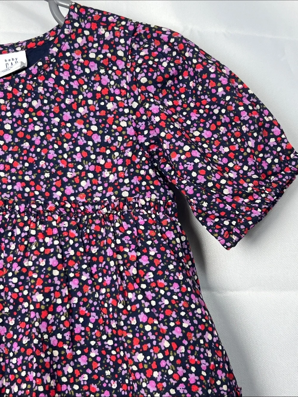 Baby GAP navy and purple floral print tiered ruffle puff sleeve cotton dress NWT